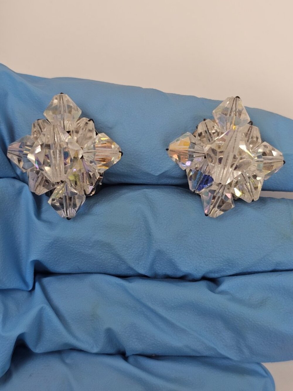 Vtg Crystal Glass Clear AB Aurora Borealis Cluster Clip On Earring 4 Pair Lot 97 - Picture 10 of 11